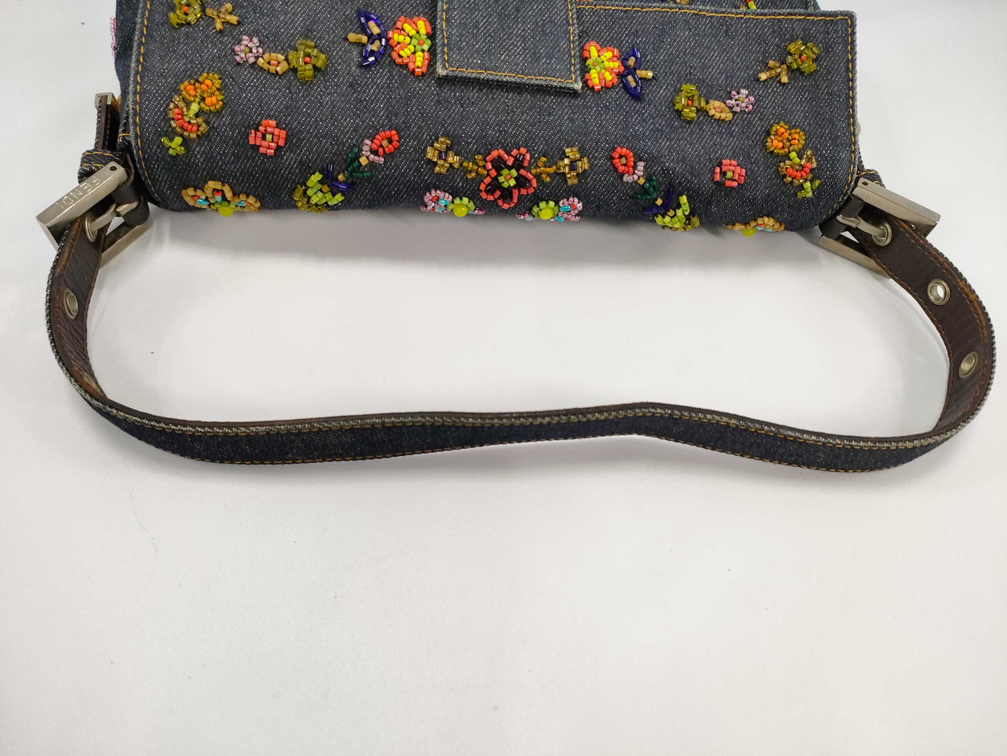 Fendi Denim Floral Embroidery Beaded Sequin Baguette
