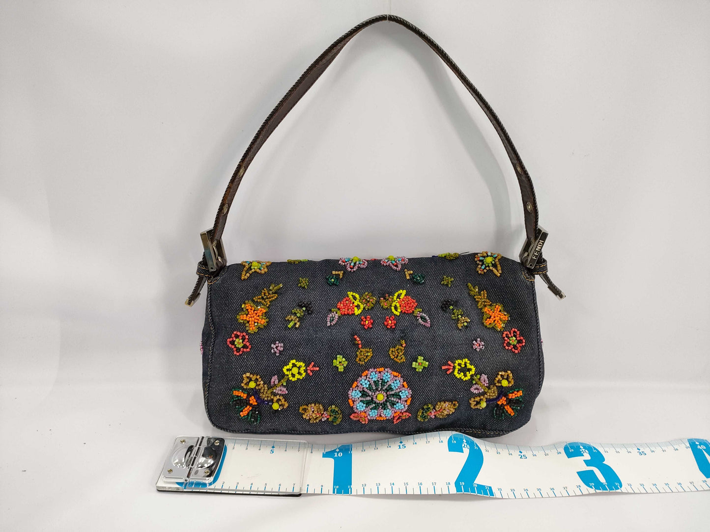 Fendi Denim Floral Embroidery Beaded Sequin Baguette