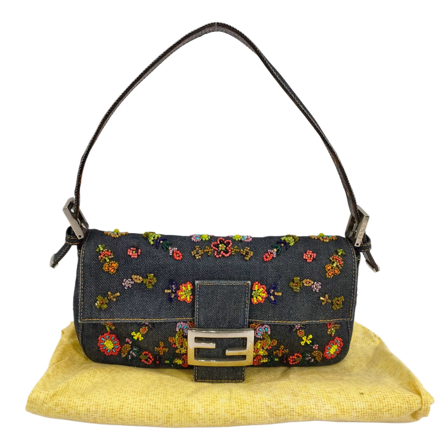 Fendi Denim Floral Embroidery Beaded Sequin Baguette