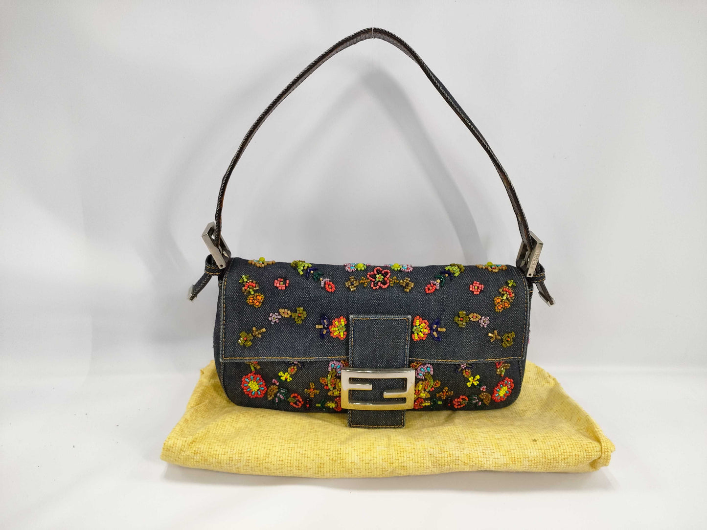 Fendi Denim Floral Embroidery Beaded Sequin Baguette