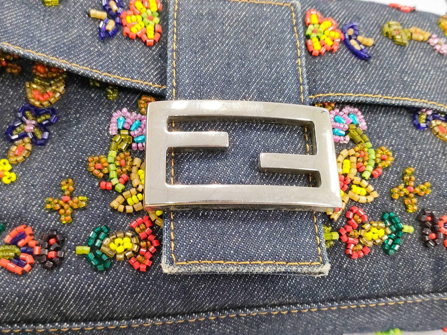 Fendi Denim Floral Embroidery Beaded Sequin Baguette