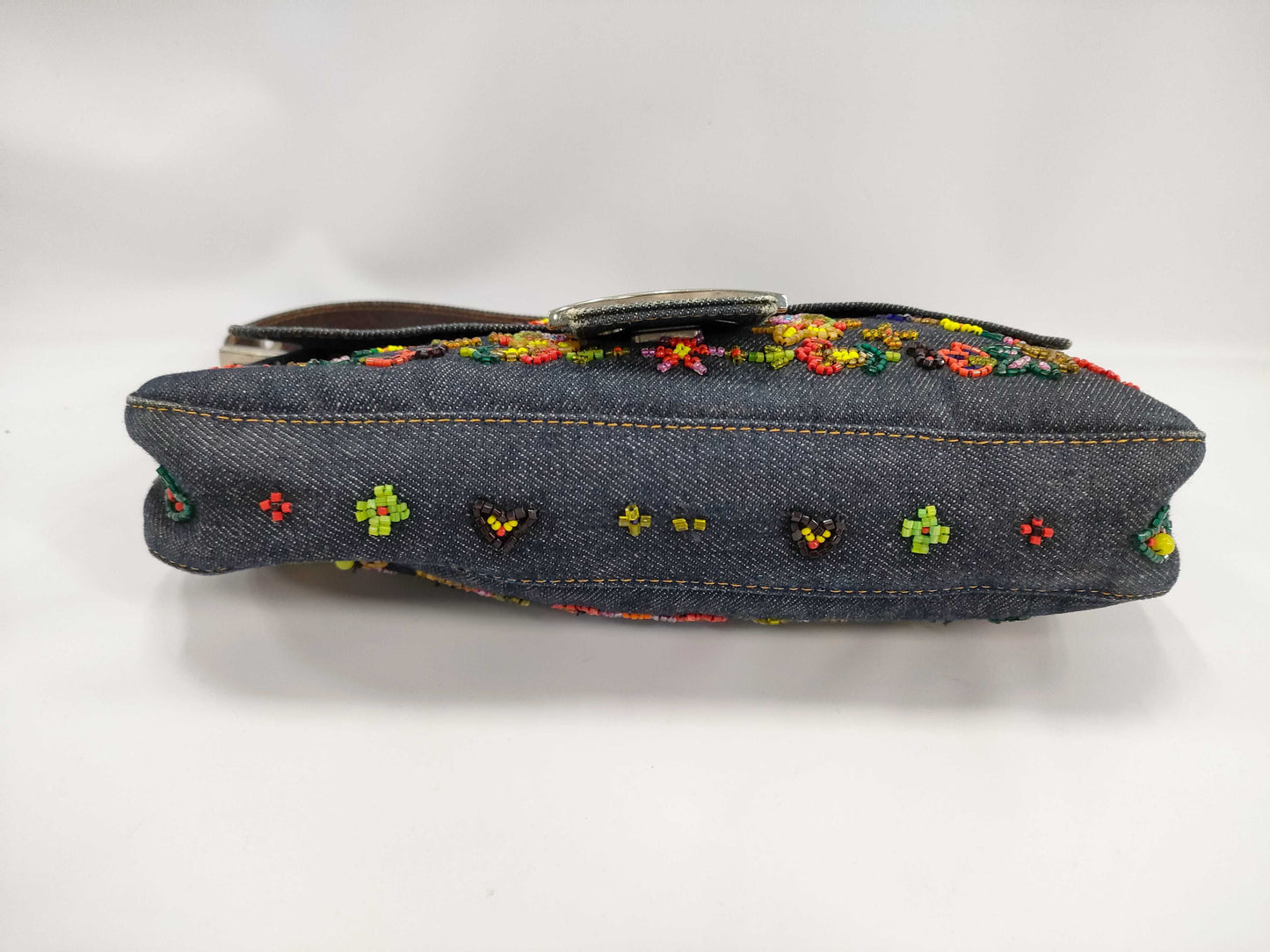 Fendi Denim Floral Embroidery Beaded Sequin Baguette