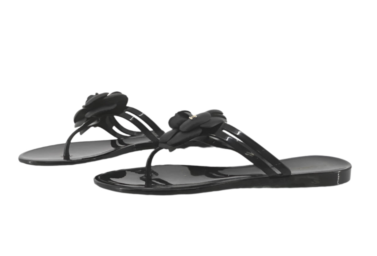 chanel camellia black sandles (size 38/7)