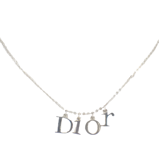 christian dior silver tone logo necklace