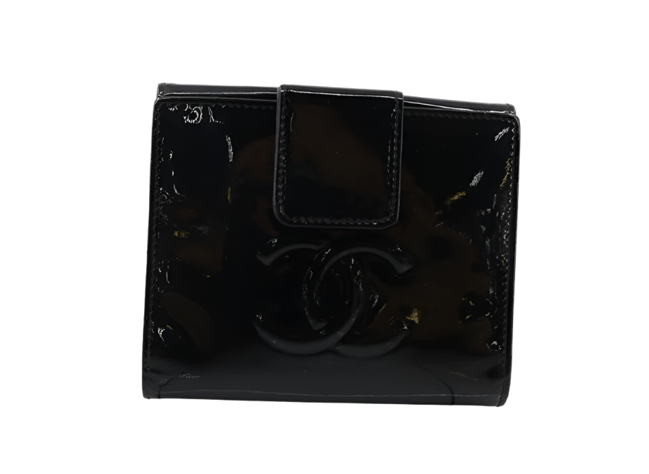 chanel camellia patent leather tri-fold wallet