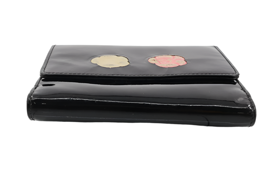 chanel camellia patent leather tri-fold wallet