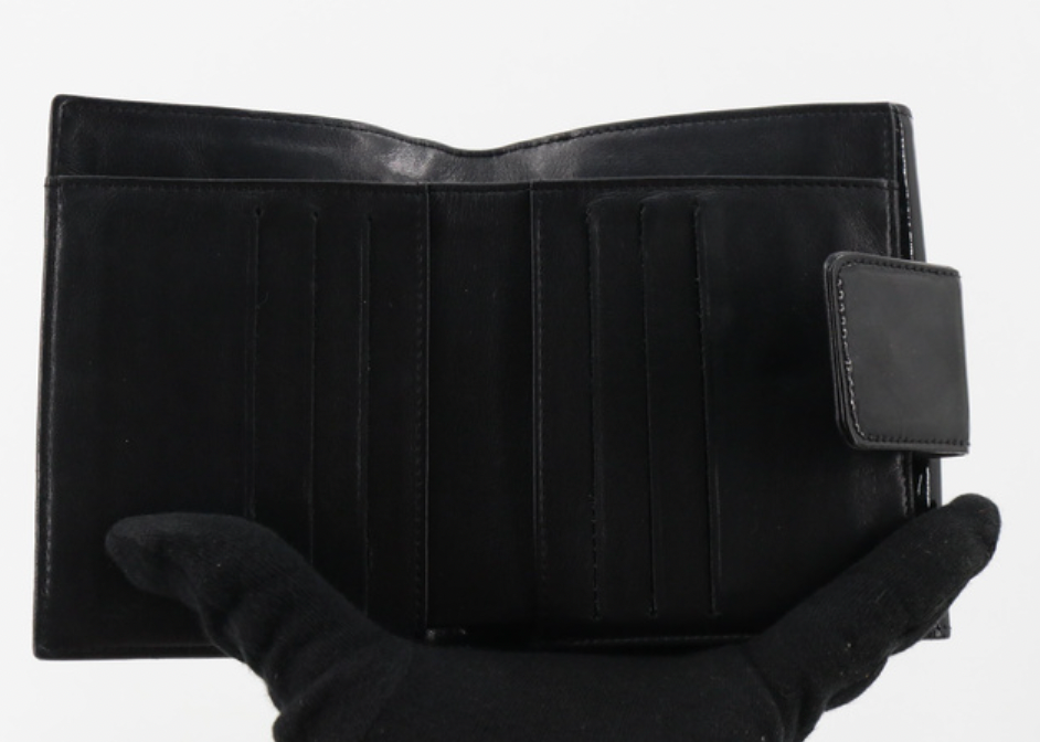 chanel camellia patent leather tri-fold wallet