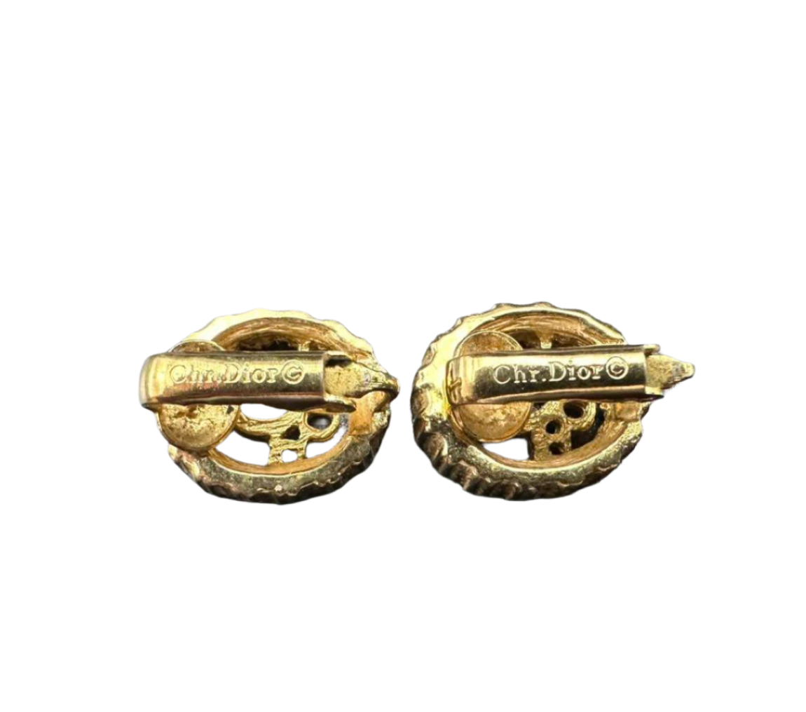christian dior rhinestone logo clip-on earrings