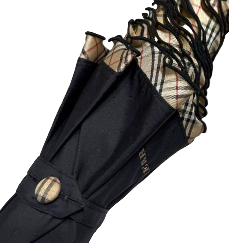 Close-up of a Burberry umbrella with checkered pattern on a white background