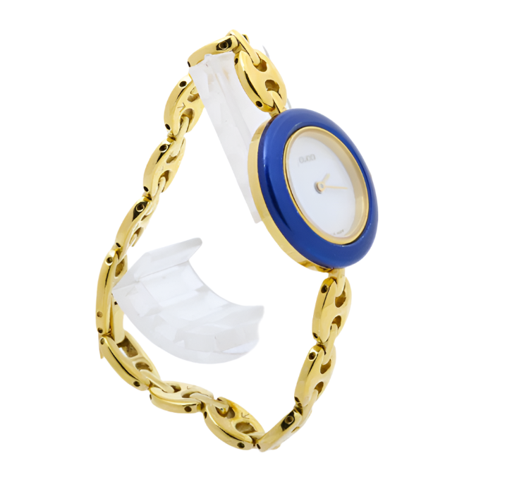 gucci elegant gold watch with blue bezel detail