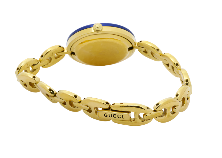 gucci elegant gold watch with blue bezel detail