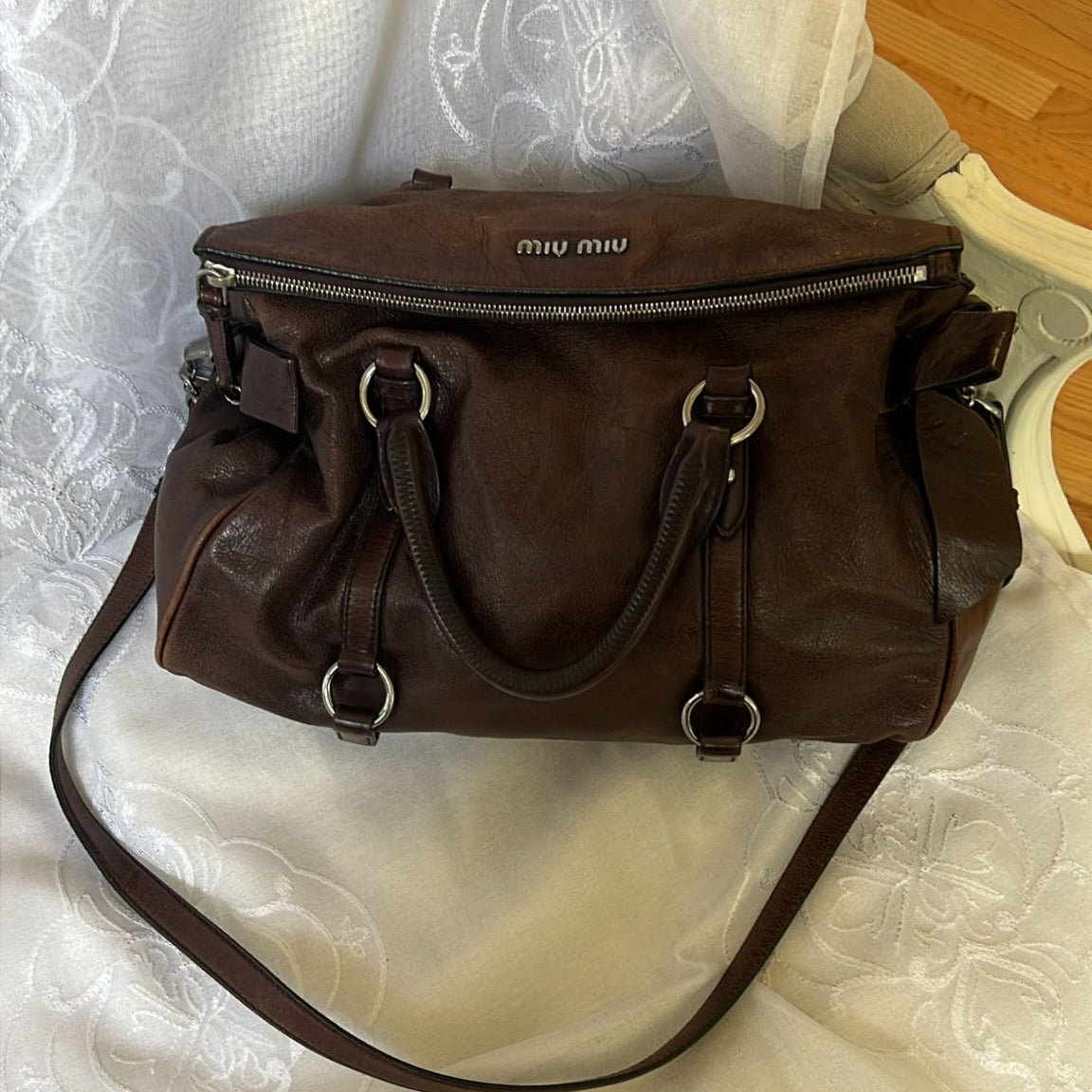 miu miu dark chocolate vitello vintage bow bag