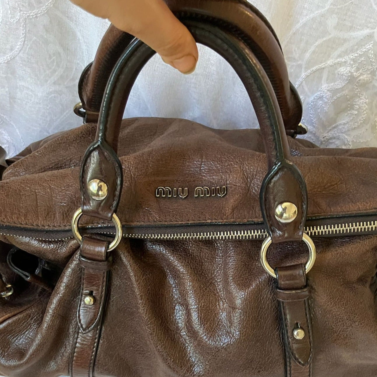 miu miu dark chocolate vitello vintage bow bag