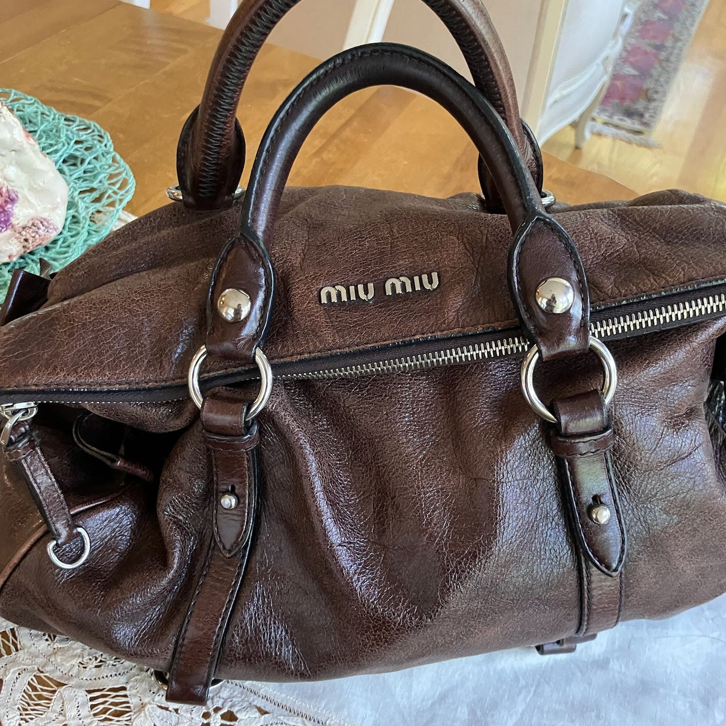miu miu dark chocolate vitello vintage bow bag
