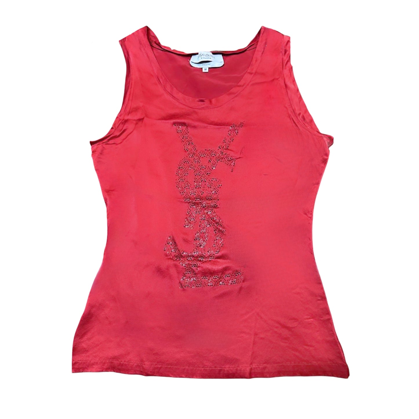 Yves Saint Laurent 100% Silk Red Logo Sequin Top