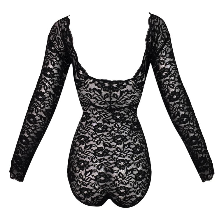 Christian Dior 90's Sheer Black Lace Pin-Up Bodysuit Bustier Top