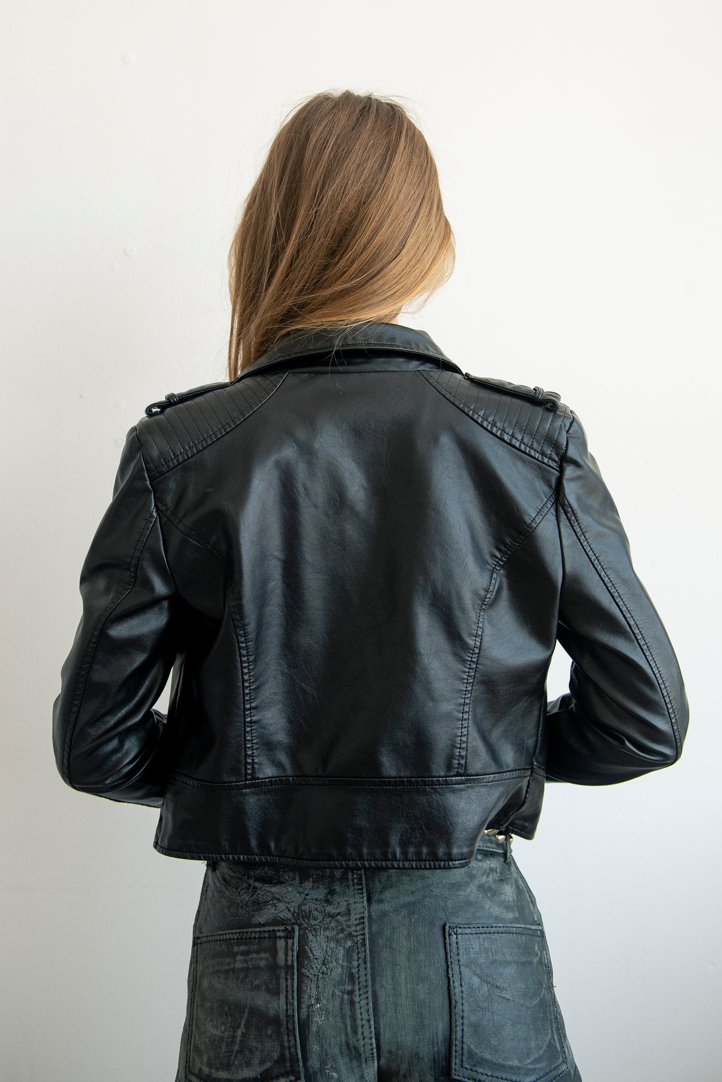 Black Grunge Vegan Leather Semi Cropped Jacket