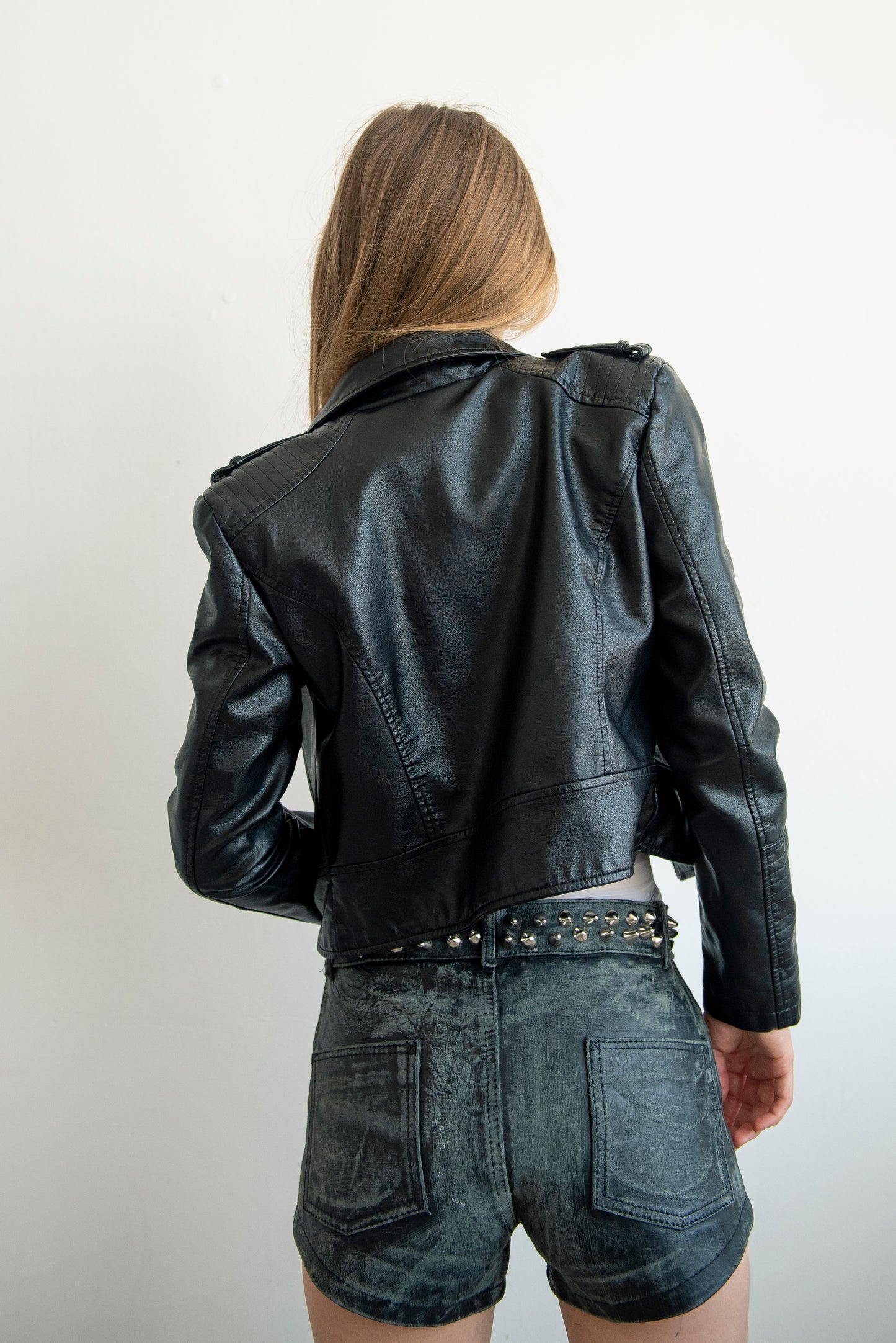 Black Grunge Vegan Leather Semi Cropped Jacket