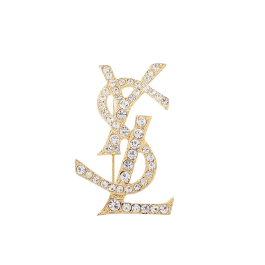 yves saint laurent gone-tone logo rhinestone brooch