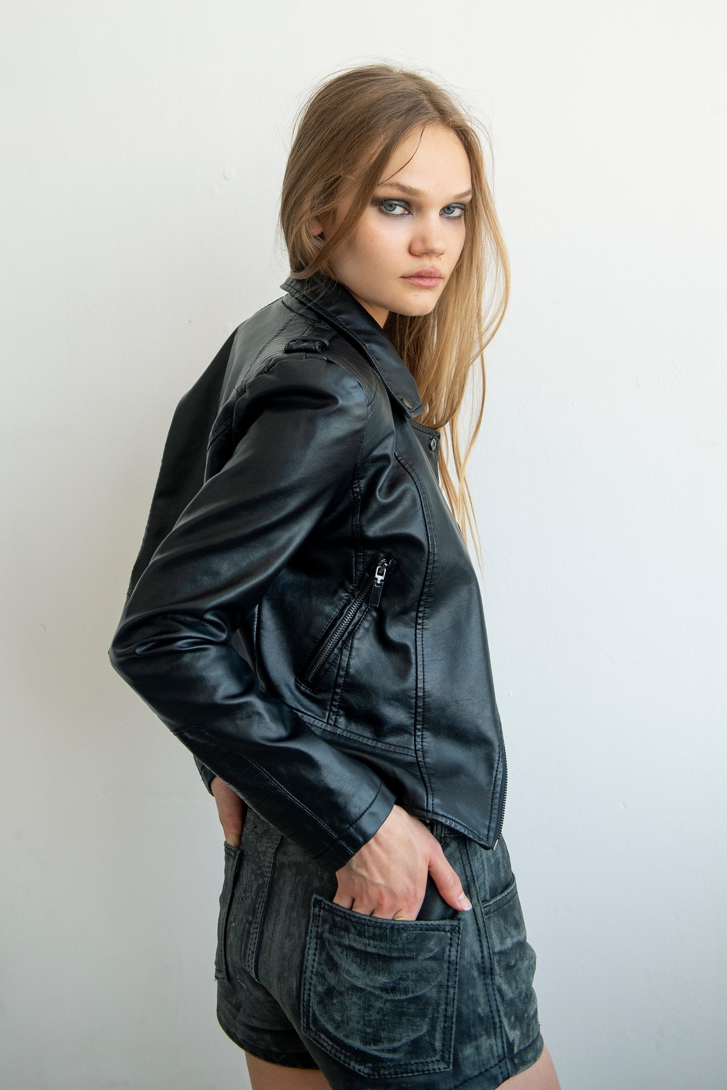 Black Grunge Vegan Leather Semi Cropped Jacket