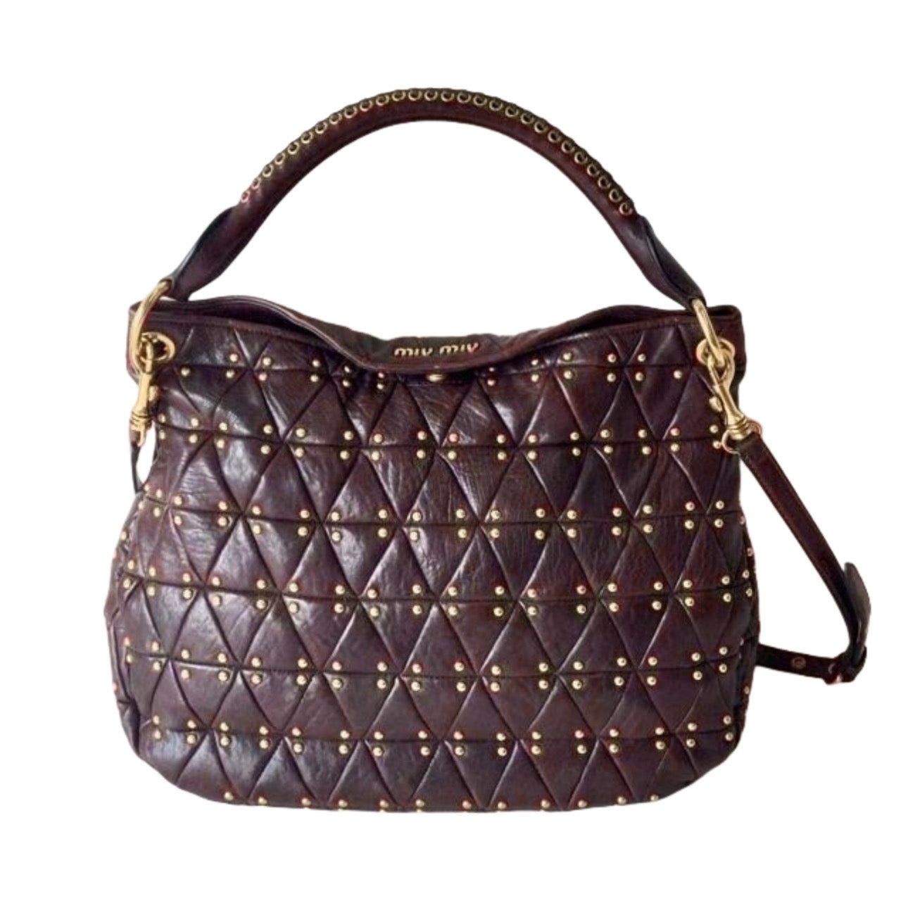 Miu Miu Chocolate Burgundy Studded Shoulder Bag