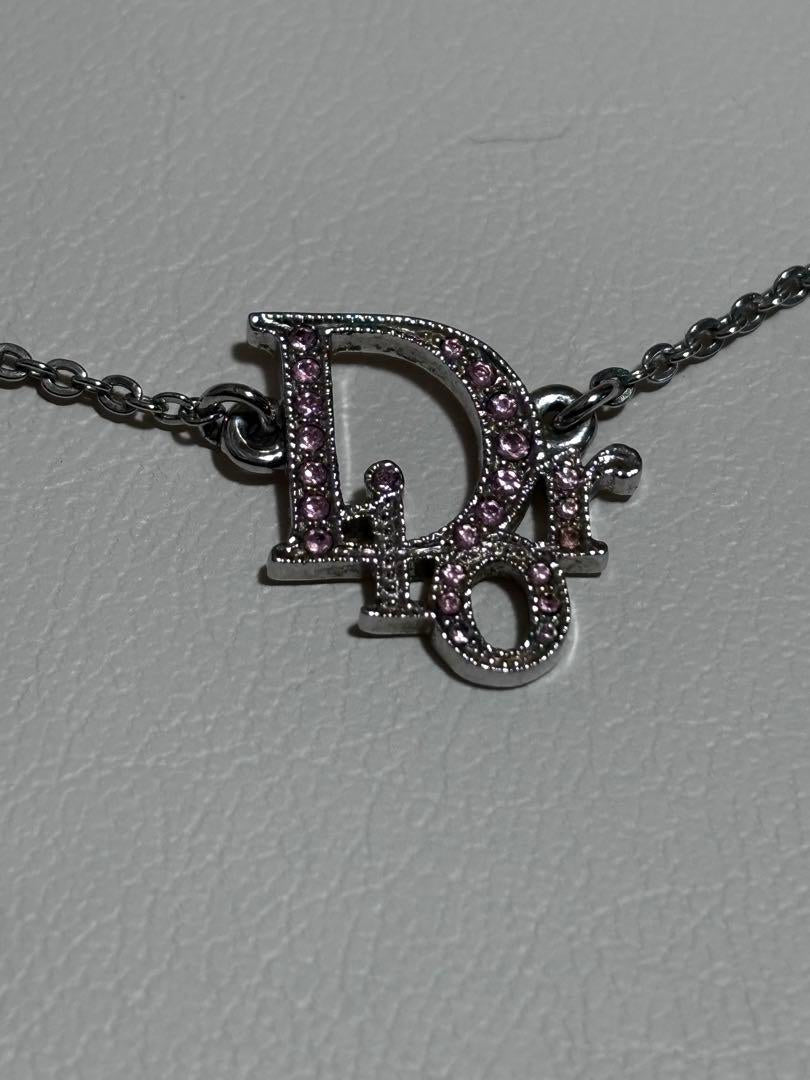 Christian Dior Pink Rhinestone Logo Necklace