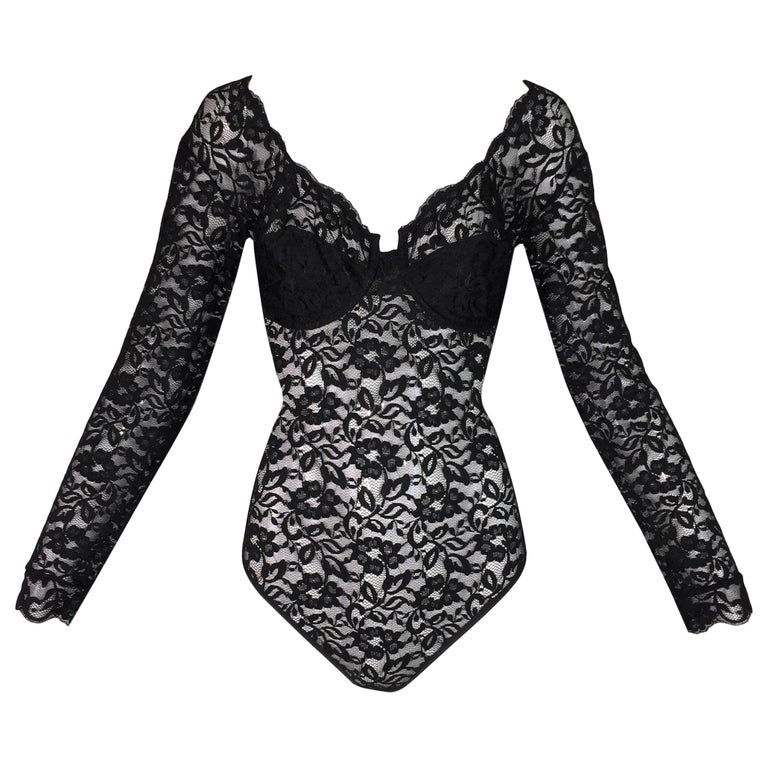 Christian Dior 90's Sheer Black Lace Pin-Up Bodysuit Bustier Top