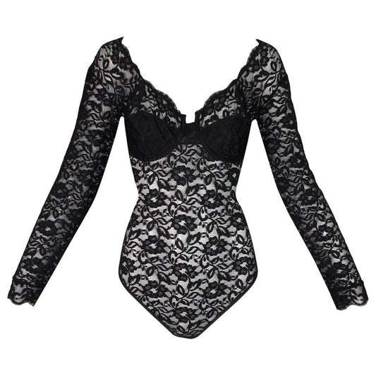 Christian Dior 90's Sheer Black Lace Pin-Up Bodysuit Bustier Top