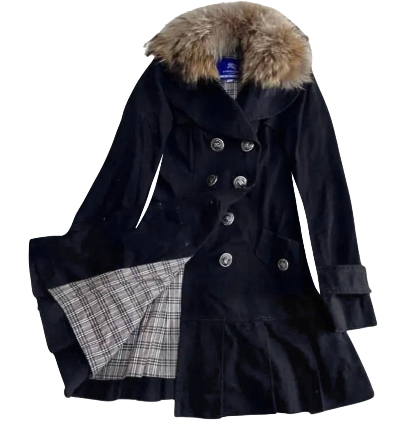 Burberry Plaid Iconic Black Pleated Dress Coat with Removable Fur Collar