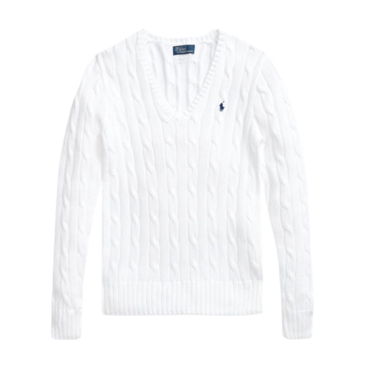 Ralph Lauren White Cable Knit V-Neck Sweater