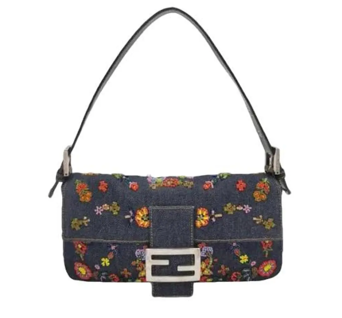 Fendi Denim Floral Embroidery Beaded Sequin Baguette