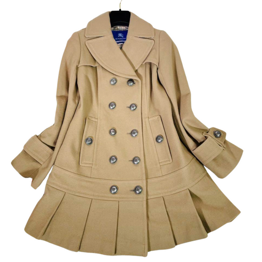 Burberry Nova Plaid Iconic Pleated Flirty Dress Coat Beige