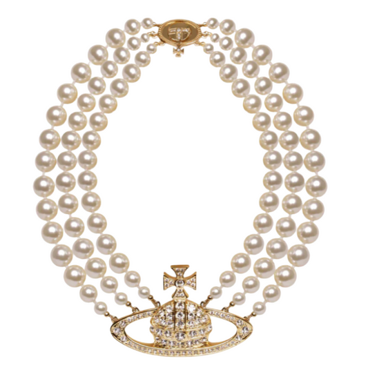 Vivienne Westwood Three Row Pearl Necklace with Orb Logo