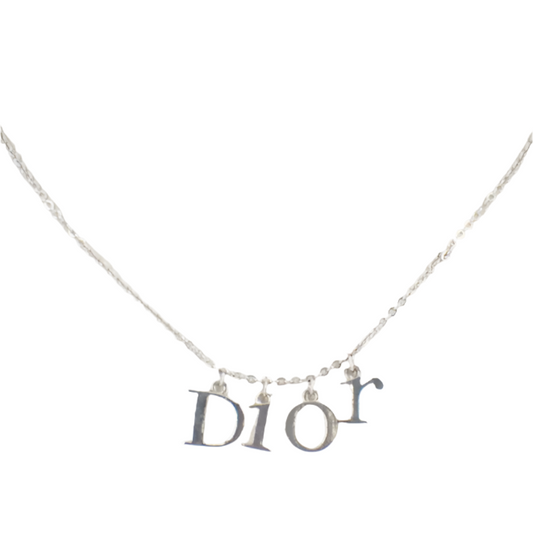 christian dior silver tone logo necklace