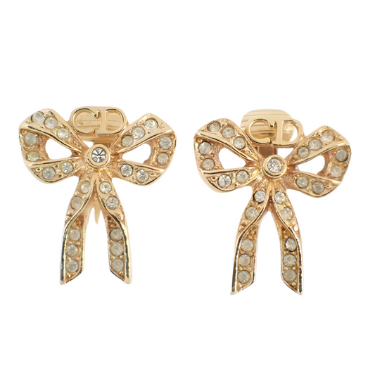 christian dior rhinestone ribbon clip-on earrings
