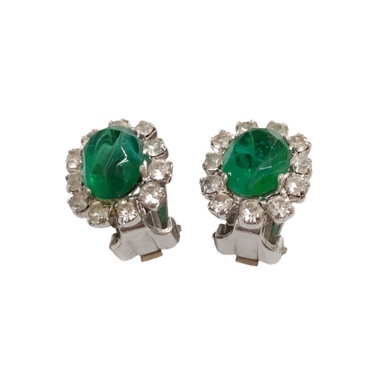 dior green rhinestone clip on elegant earrings