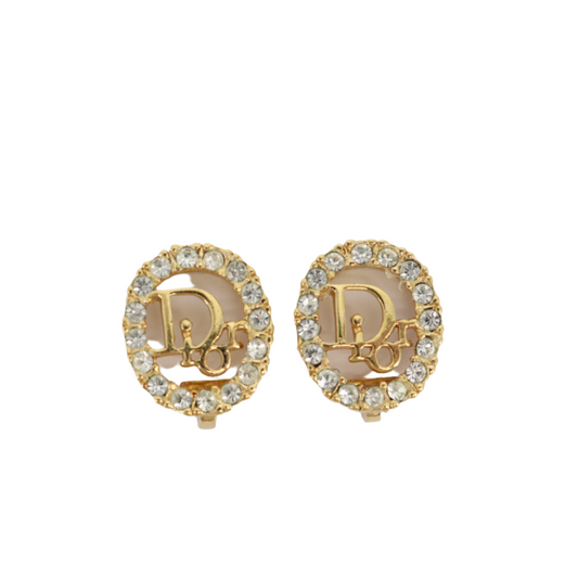 christian dior rhinestone logo clip-on earrings