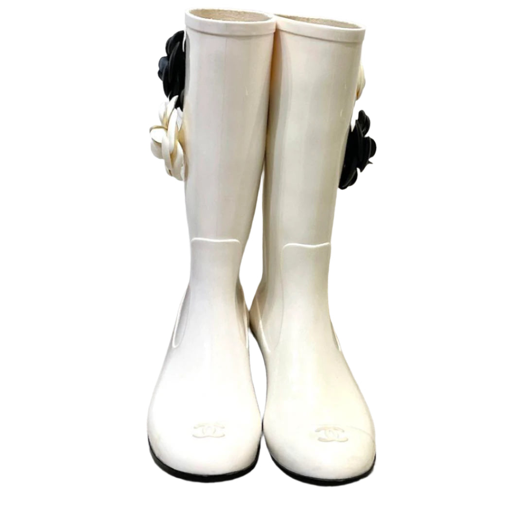 Chanel Floral White Rain Boots (Size 36)