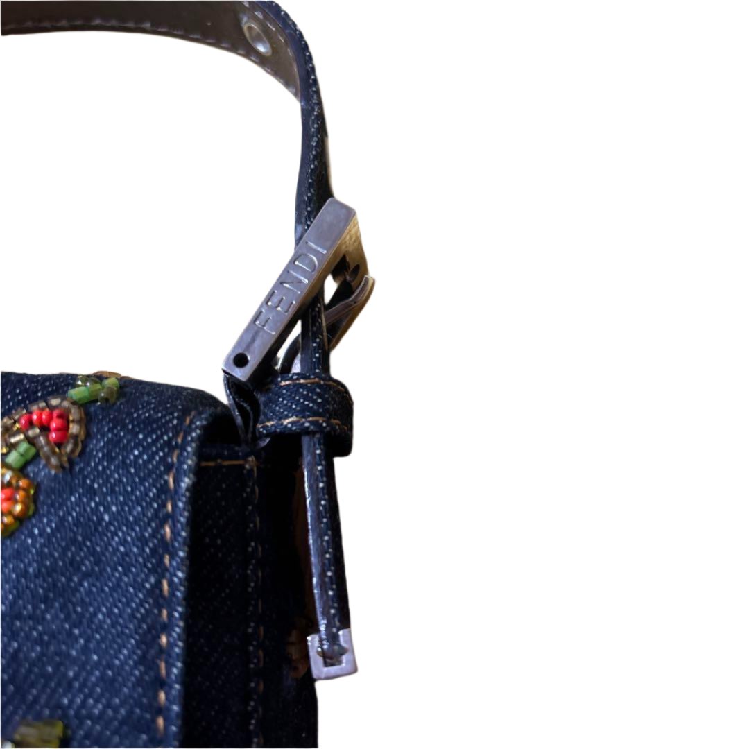 Fendi Denim Floral Embroidery Beaded Sequin Baguette