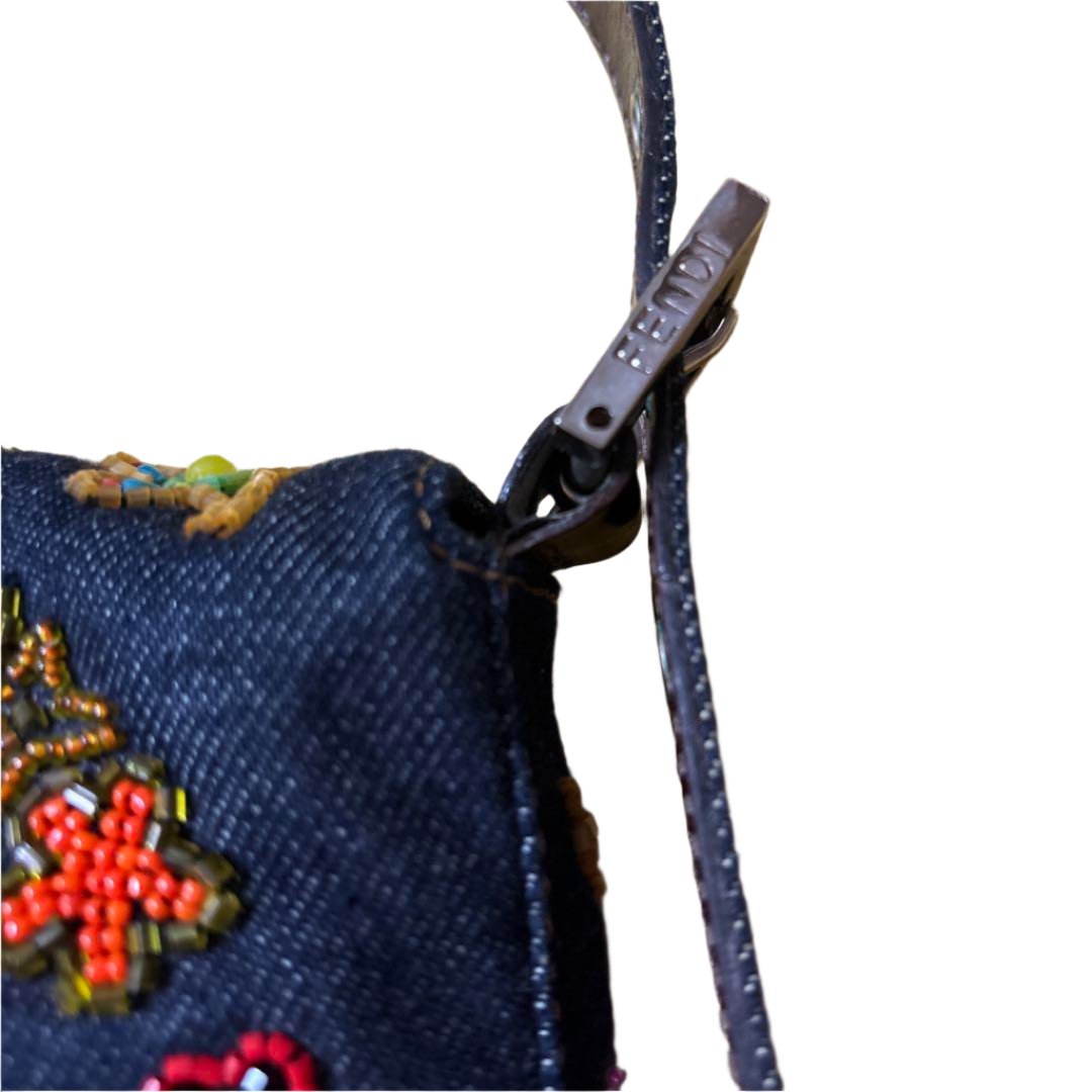 Fendi Denim Floral Embroidery Beaded Sequin Baguette