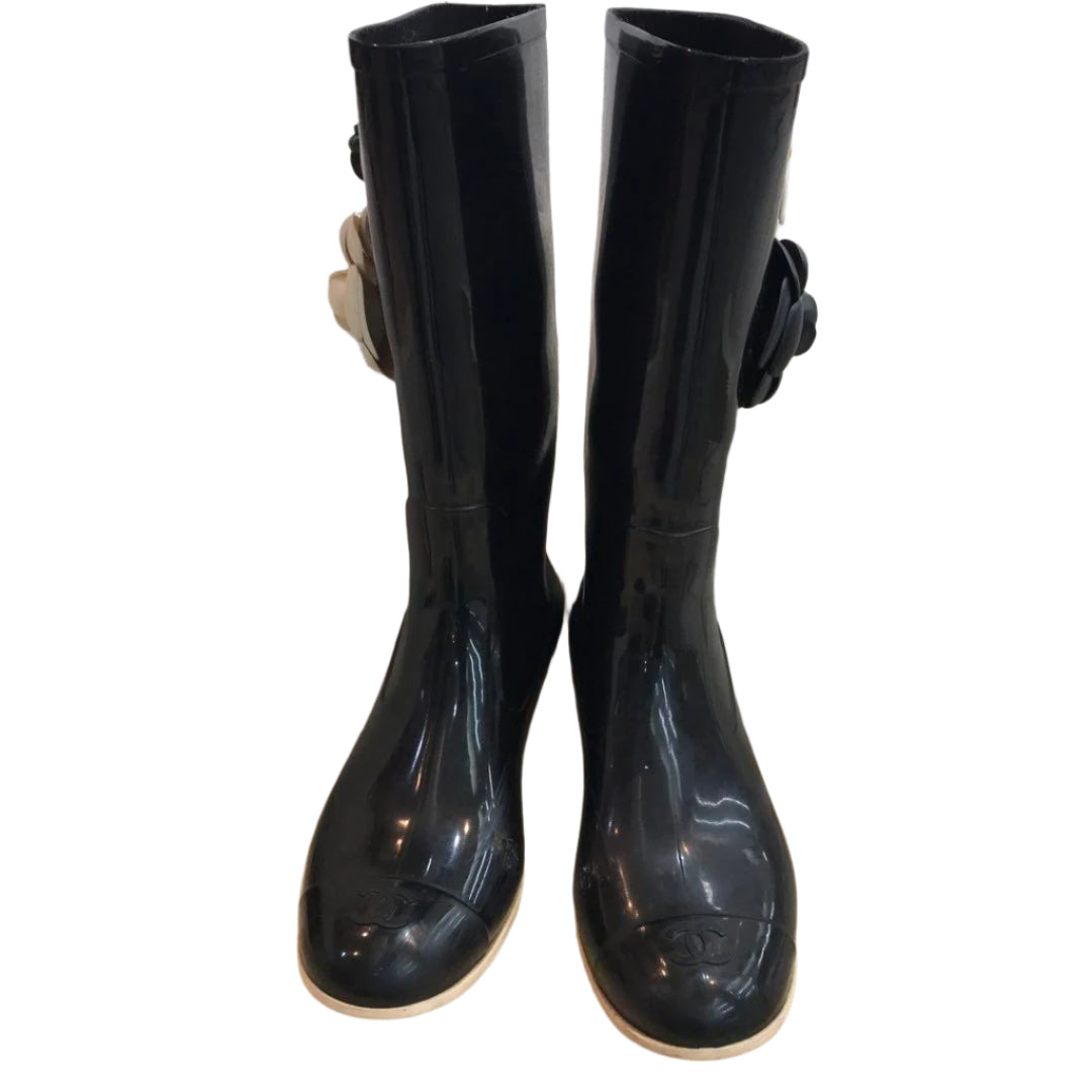 Chanel Floral Black Rain Boots (Size 36)