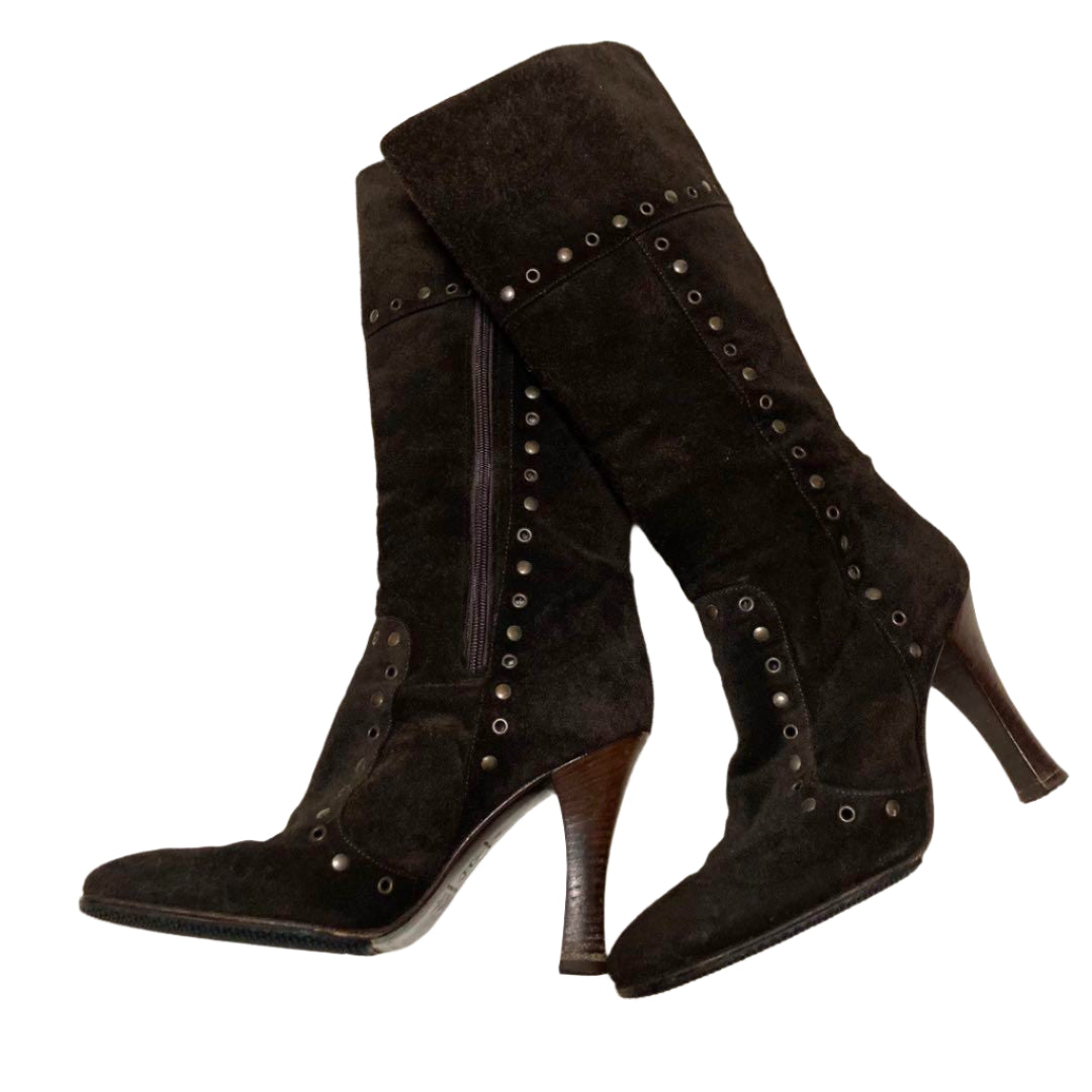 Dolce & Gabbana Chocolate Brown Boho Suede Studded Heeled Boots (Size 40, US 9)