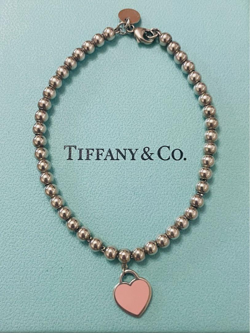 Tiffany & Co. 925 Sterling Silver Pink Heart Tag Charm Bracelet