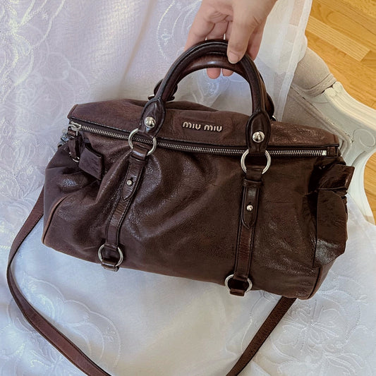 miu miu dark chocolate vitello vintage bow bag