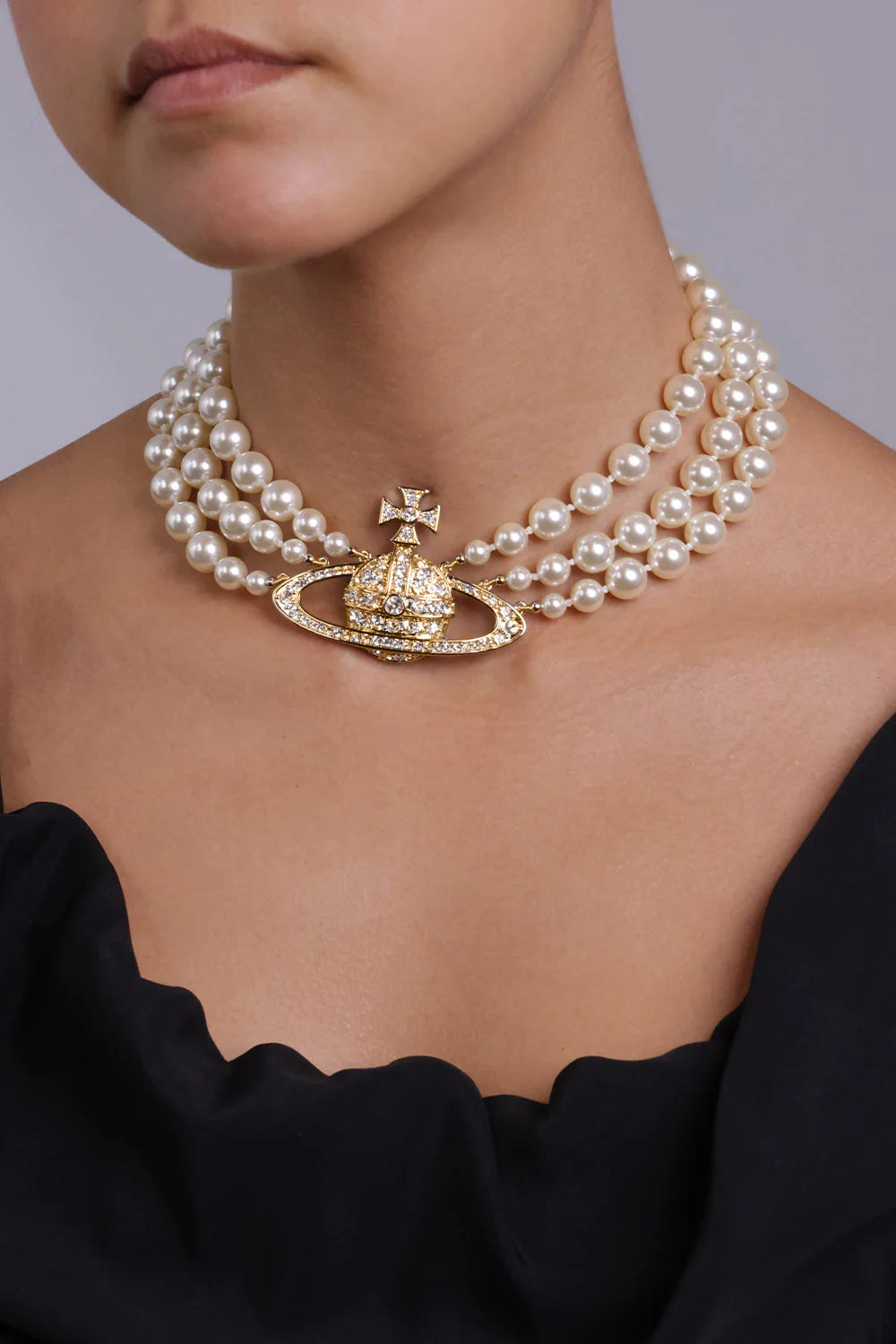 Vivienne Westwood Three Row Pearl Necklace with Orb Logo